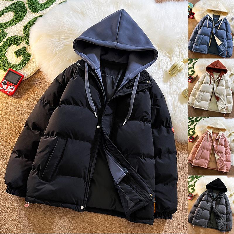 Мужские хлопковые подкладки Hong Kong Wind Loose Large Size Fake Two Hooded Coats Fashion Brand Thick Winter Bread Coat Lovers Мужские хлопковые подкладки