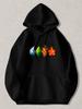 Black Pullover Hoodie with Geometric Leaf Print Featuring Blue Green and Orange Autumn Maple Leaves Casual Long Sleeve Sweatshirt