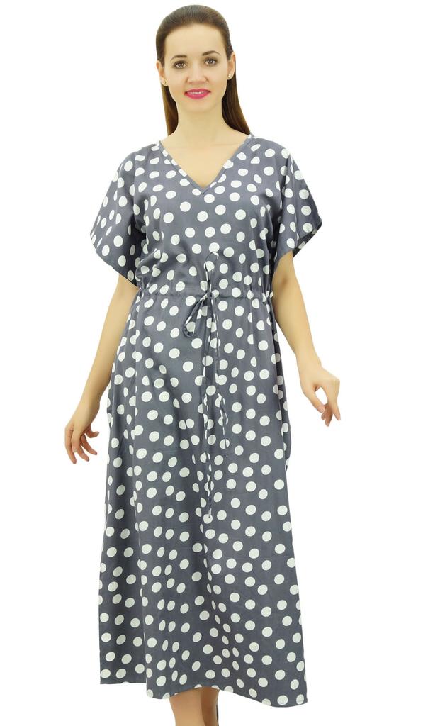 Bimba Women's Polka Dot Caftan Dress Long Maxi Boho Kaftan Cover Up with Drawstring Waist| Gray|