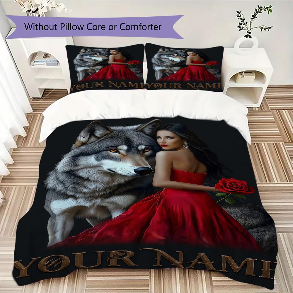 Custom Name Wolf Pack Moonlit Forest Bedding,Quilt Set Quilt Cover Pillowcase Home Birthday Gift(1 * duvet cover + 2 * pillowcase, without core)_lx