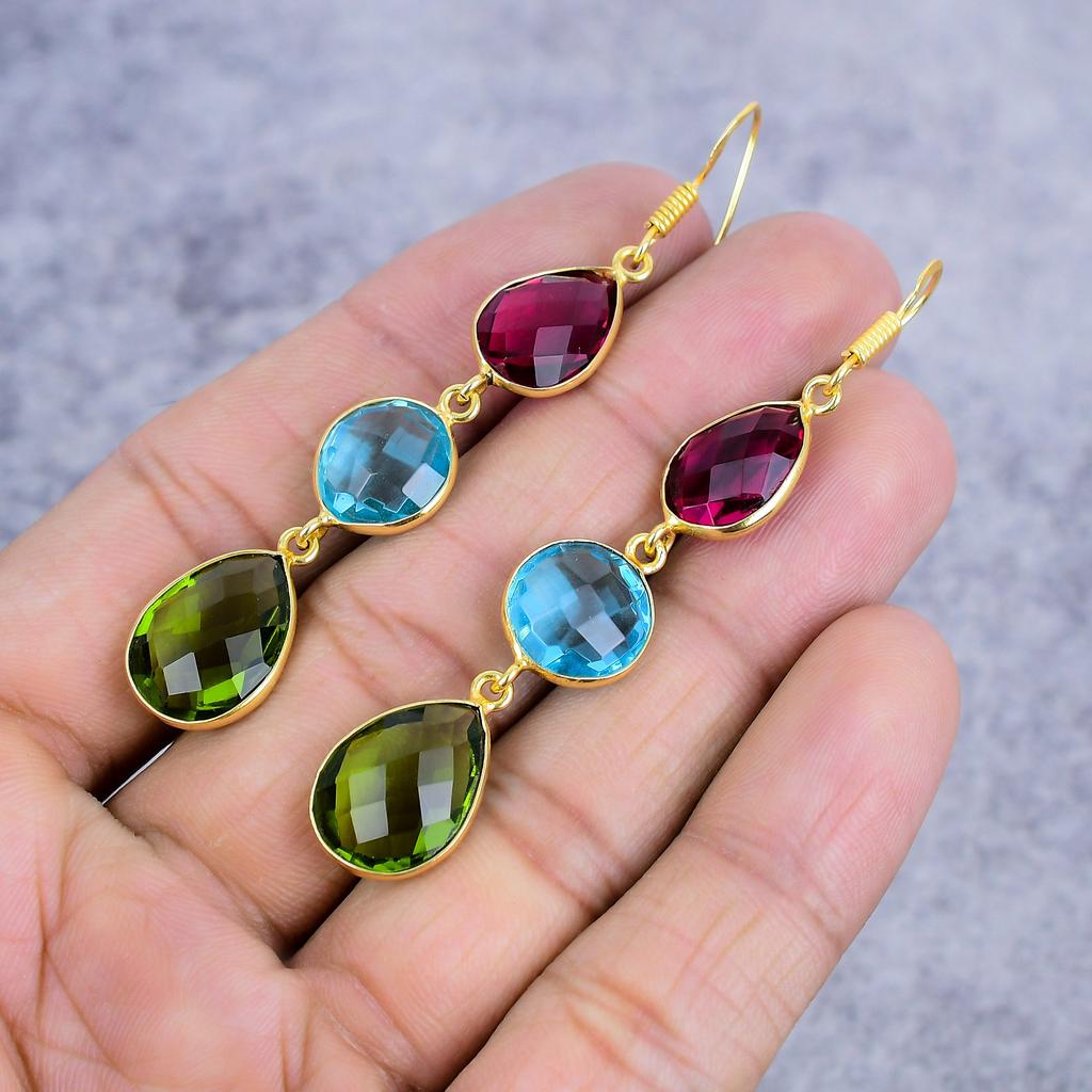 Peridot, Blue Topaz Gemstone 925 Sterling Silver Jewelry Earring 2.88" M-2651