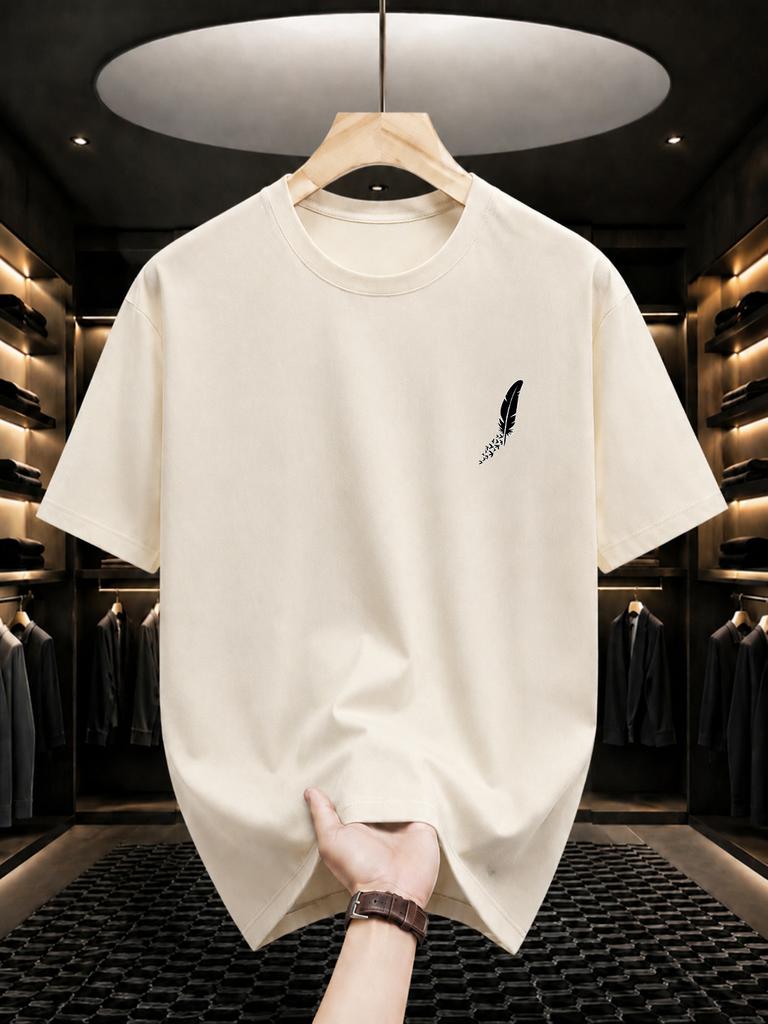 2026 New 100 Cotton Tee Minimal Left Chest Feather Small Graphic Casual Short Sleeve