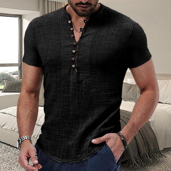 Мужская рубашка с v-образным вырезом и пуговицами, полупланка с коротким рукавом, летняя повседневная однотонная тонкая рубашка с тонкими швами, повседневная одежда