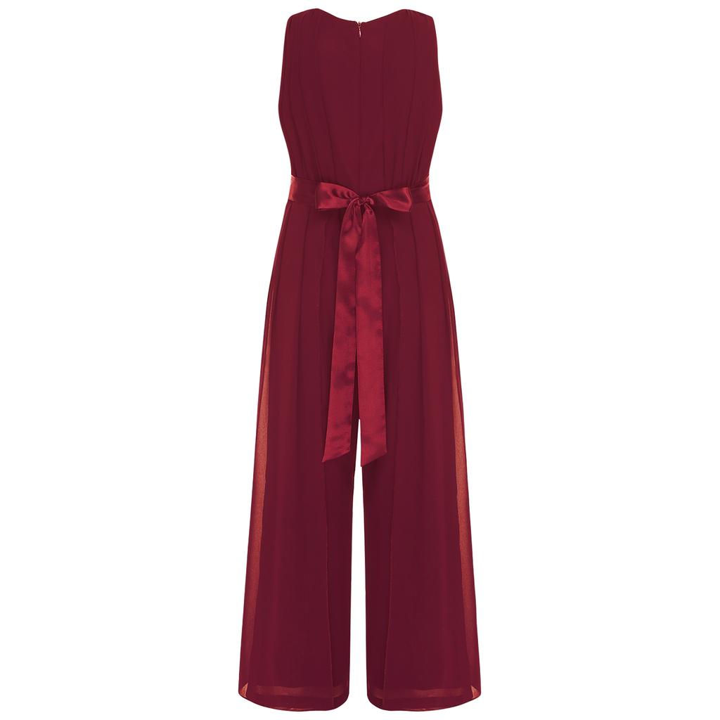 Girls Party Wear Solid Color Sleeveless High Waist Ruffled Chiffon Detachable Flower Wedding Jumpsuit