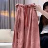 Женские Винтажные Красно-Клетчатые Брюки Широкие из Льняной Смеси Высокая Талия Стройные Прямые Брюки Повседневные Длинные Брюки для Лета Маленького Роста