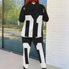 Женский костюм из двух предметов большого размера с круглым вырезом, длинными рукавами, принтом (белый, оранжевый), облегающие брюки
