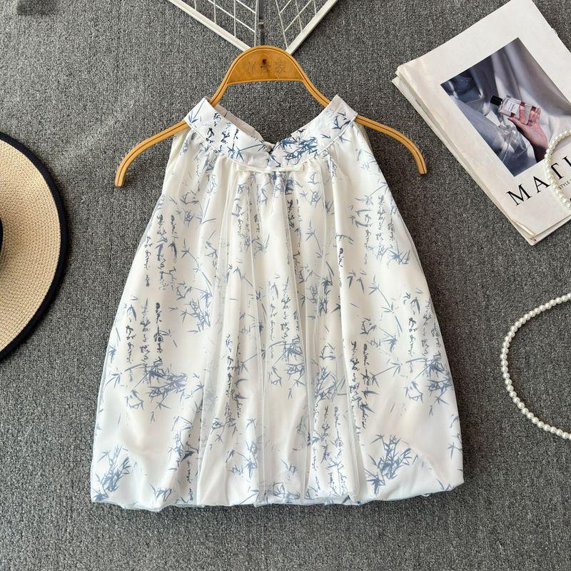 Graceful Bow Halter Lace-up Sleeveless Chiffon Blouses for Women Summer National Style Print Camisole Western Style Small Shirt