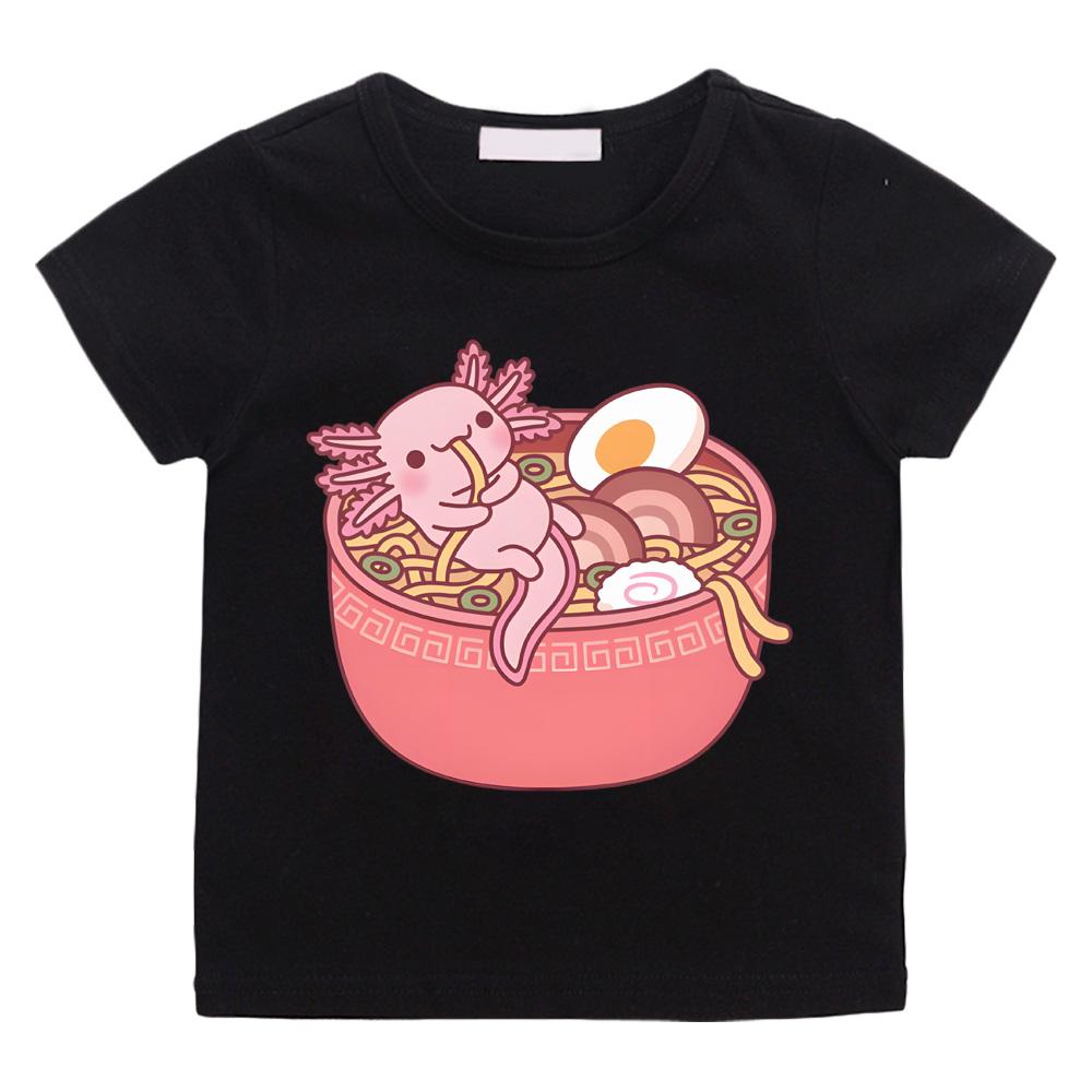 Cute Axolotl Eating Ramen Noodles in Bowl Funny T-shirts Cotton Short Sleeve Boys/Girls T Shirt Summer Round Neck T-shirt