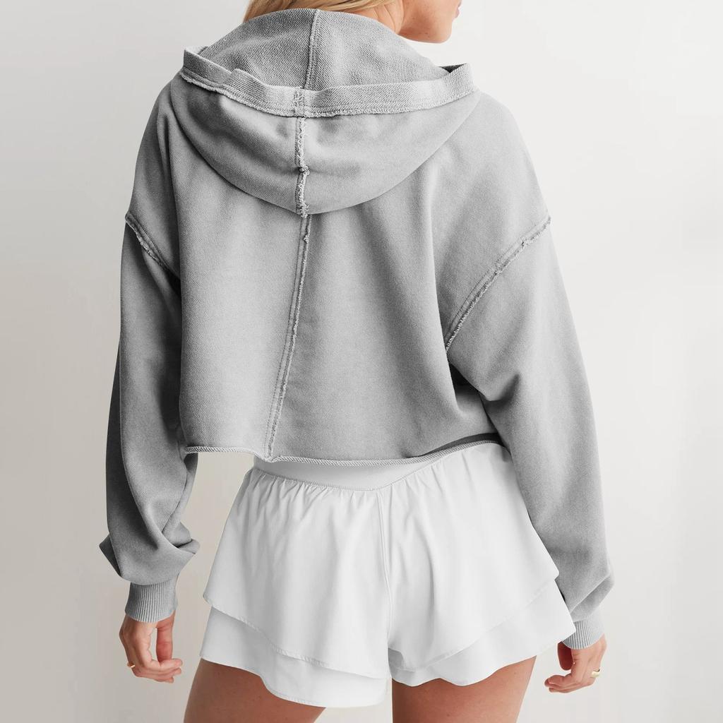 Женская модная однотонная свободная кофта с V-образным вырезом и длинными рукавами, короткая толстовка с капюшоном