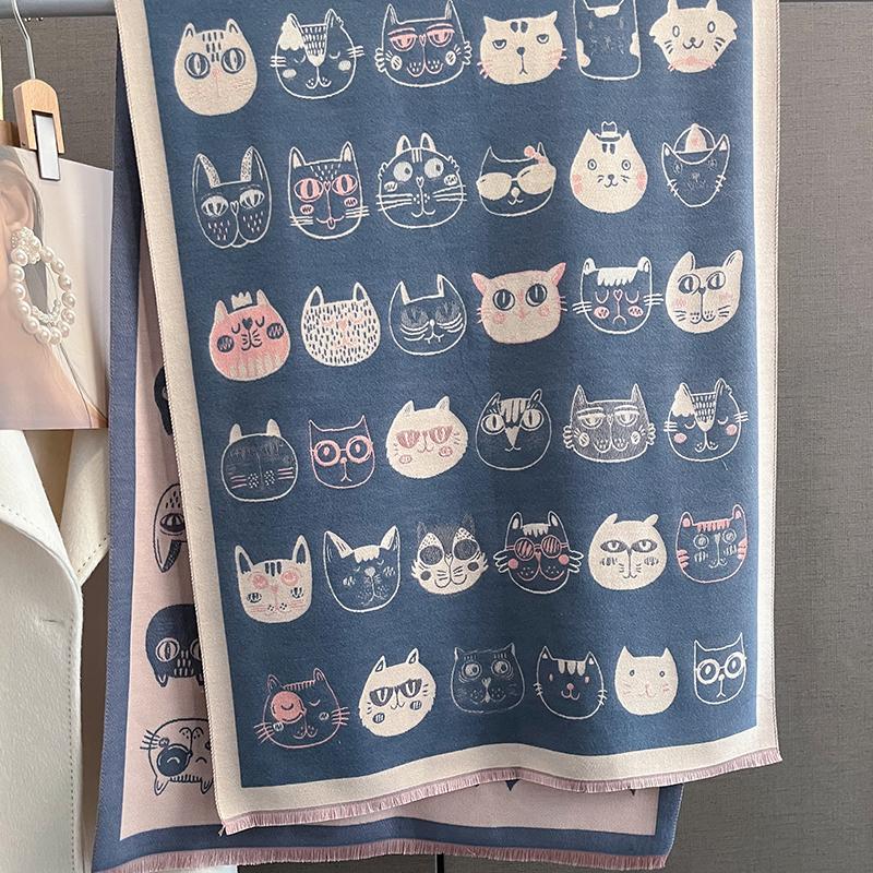 Autumn and Winter Travel Warm Cashmere Shawl Scarf Fashion Women Cat Print Pashmina Blanket Wraps Female Cute Poncho Bufanda