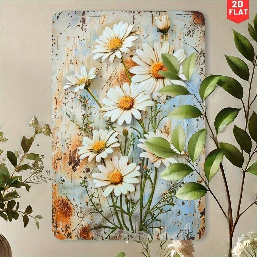Винтажный синий металлический плакат с ромашками, 8x12 дюймов, антикоррозийное настенное искусство, декор в деревенском стиле для дома