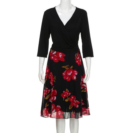 Платье больших размеров с глубоким V-образным вырезом, А-силуэтом, двухслойным подолом и рукавами средней длины, с цветочным принтом, платье миди, вечернее платье для выпускного вечера