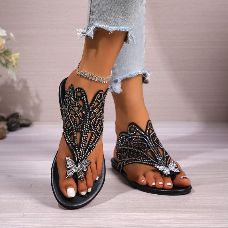 2024 Новые модные тапочки на плоской подошве с клипсой, женские шлепанцы Rhindiamonds Butterfly на пляже, женские тапочки