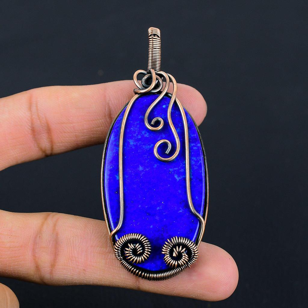 Лазурит Драгоценный камень Чистая медная проволока Обернутая ювелирная подвеска ручной работы