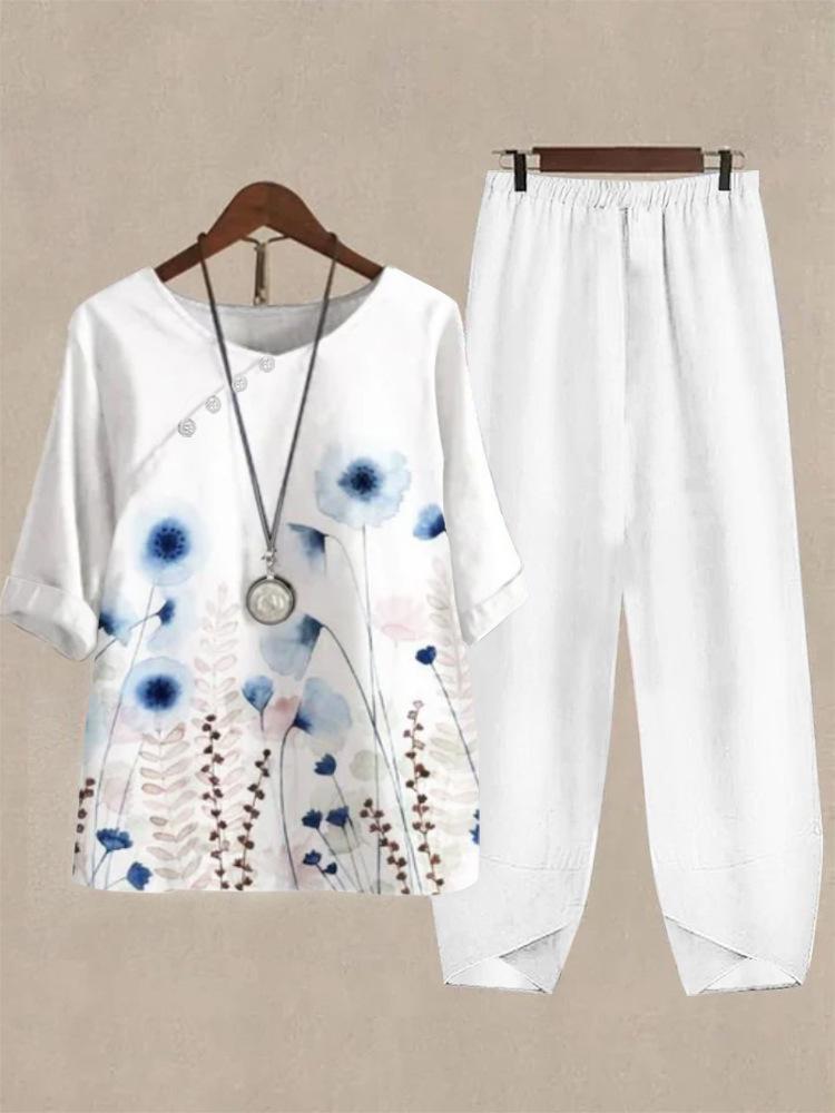 2025 foreign trade cross-border new women's clothing, casual round neck five-quarter sleeve top, digital printing women's two-piece set