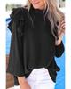 Black Button Keyhole Back Pleated Ruffle Trim Blouse