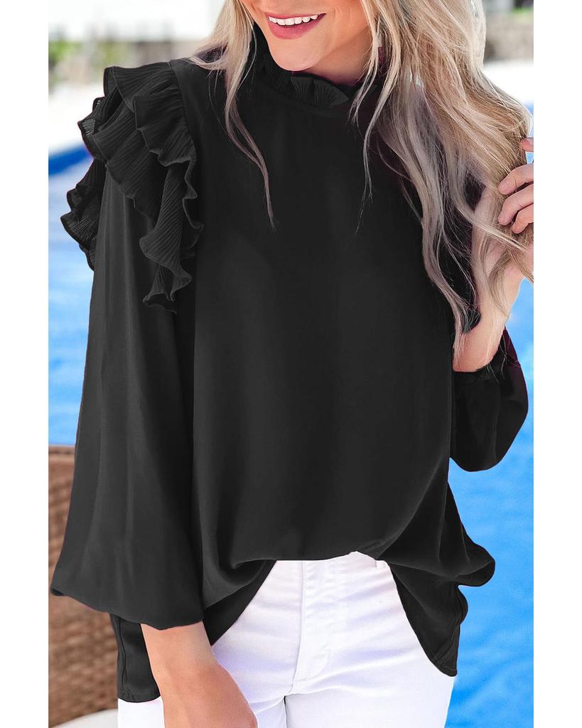 Azura Exchange Черная блузка с застежкой-каплей на спине, плиссированной оборкой и отделкой