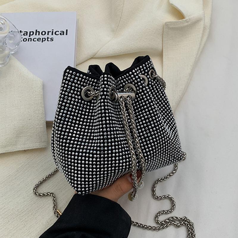 Fashion Women Drawstring Rhinestones Shoulder Bag Luxury Bucket Crossbody Bag
