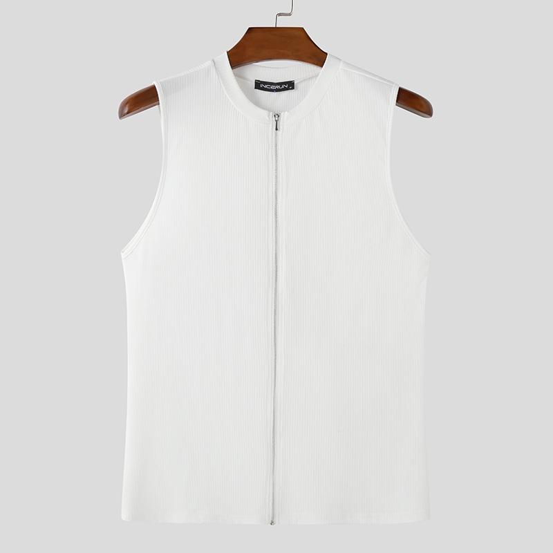 INCERUN Men Summer Sleeveless Rib Zipper Casual Skinny Tank Tops