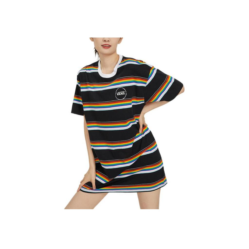 Vans Logo Print Color Block Striped Round Neck Short Sleeve Dress Women Dresses Black VN0A7RKOBLK