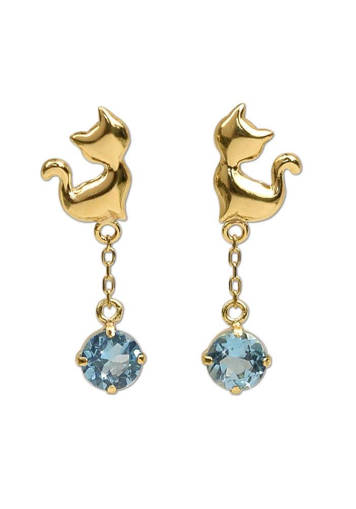 Leaf 18K Cat Earrings Blue Topaz K18 Gold Stud Earrings Cat Dangle Earrings 18k November Birthstone Ladies Ma666 [Four Clover] Women