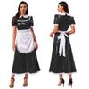 Women French Maid Dress Satin Lapel Collar Lace Trim Short Sleeve Wet Look PU Maxi Apron Costume