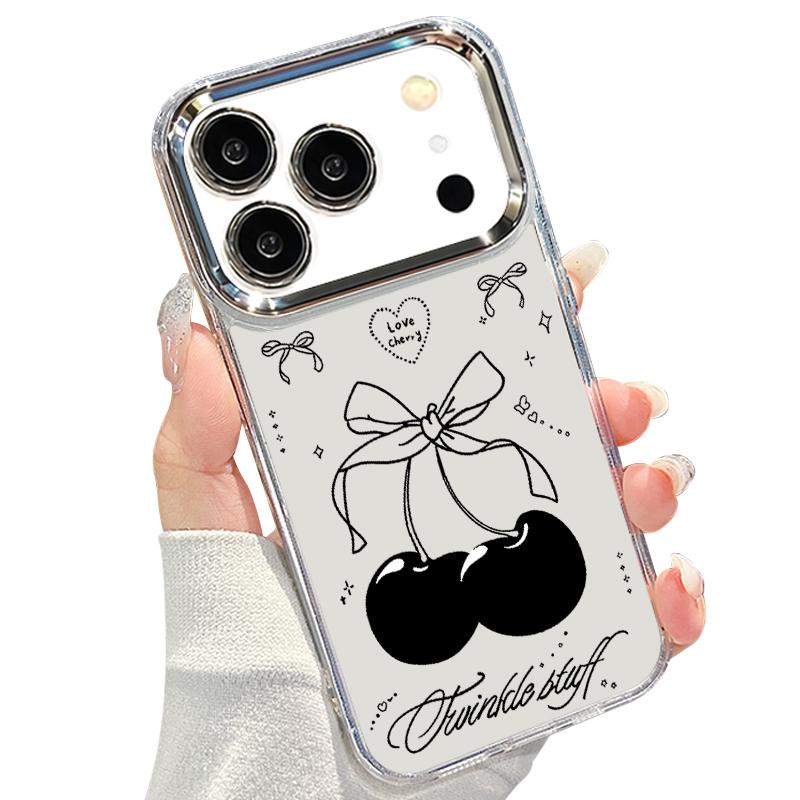 Чехол с бантами и вишневым узором для iPhone 17 Pro Max Позолоченная рамка для камеры Прозрачный мягкий чехол для iPhone 16 15 14 13 Pro Max 11 16E 17E
