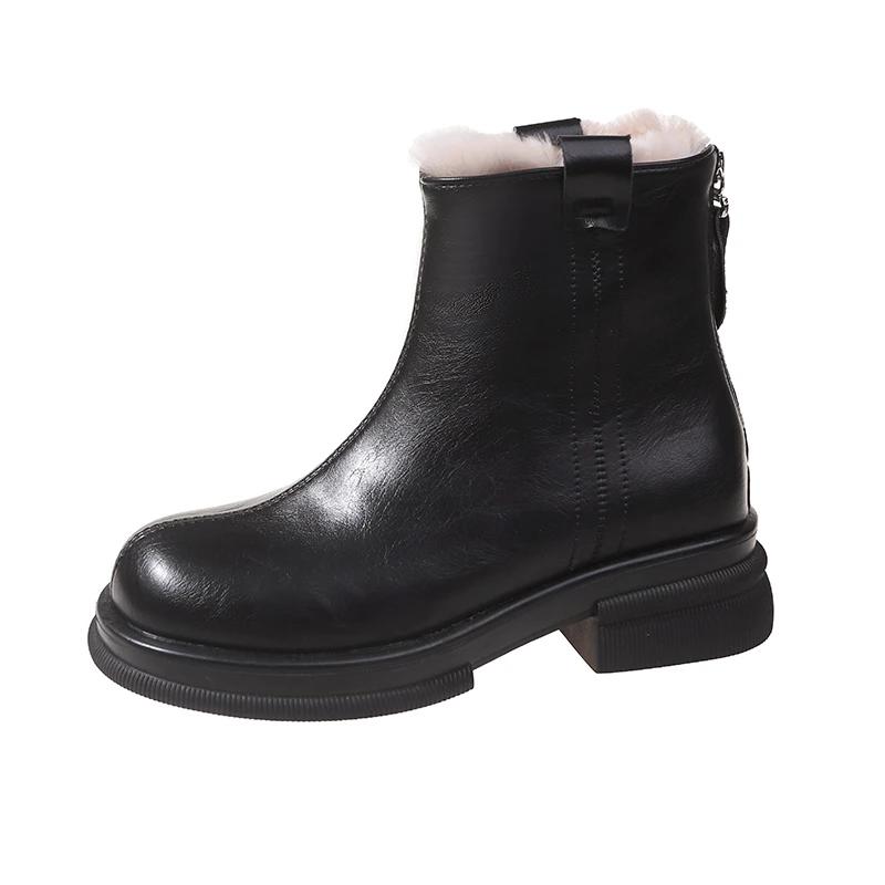 Распродажа женской обуви 2024 года, фирменные женские ботинки на молнии, зимние, с круглым носком, из цельного плюша, теплые, удобные, на толстом каблуке, ботильоны