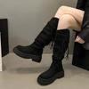 Женская обувь 2024 Сапоги женские до колена Платформа Современные сапоги Женские Круглый носок Слипоны Плетеные Кисточки Квадратный каблук Женская обувь