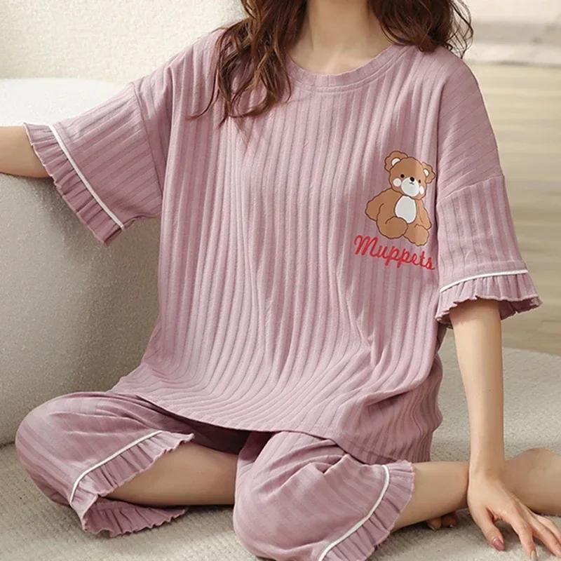 Летние пижамы-капри для женщин, повседневные пижамные комплекты с мультяшными лацканами, милая пижама для девочек из мягкого хлопка