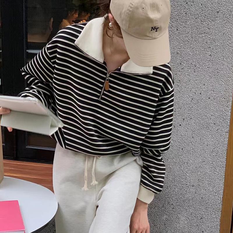 Свитшот с лацканами, женское тонкое осеннее пальто, полосатый топ с длинными рукавами, новая тенденция в виде рубашки поло на молнии