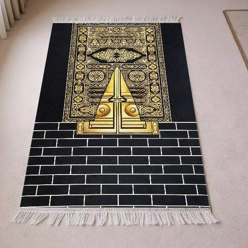 Velvet Muslim Salat Mat Luxury Golden Ornate Kaaba Design Portable Anti Slip Prayer Rug Eid Mubarak Home Gift