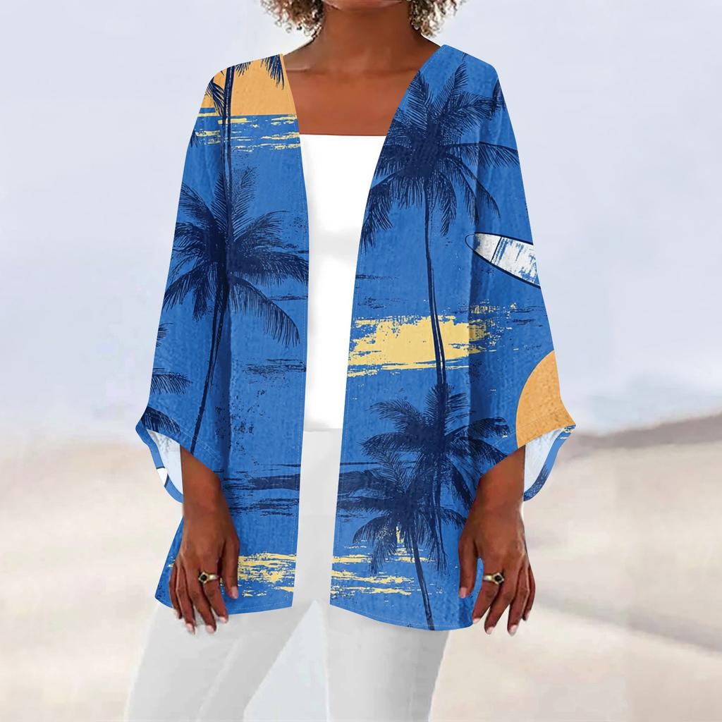 Women's Casual Fashion Beach Ocean Tree Print Lightweight Mid-Length Jacket Cardigan