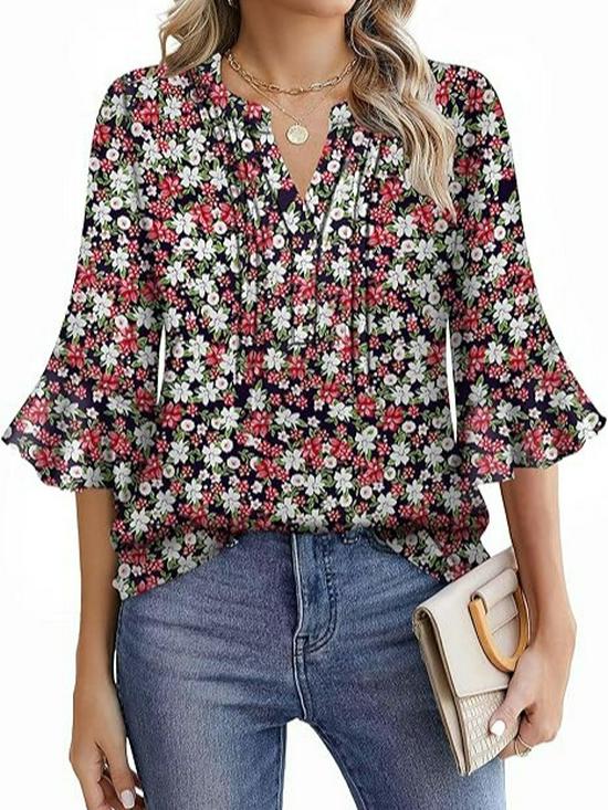 Шифоновая блузка Lotus Leaf 2025 с V-образным вырезом - Однотонная, с рукавами три четверти, Повседневная, свободного кроя