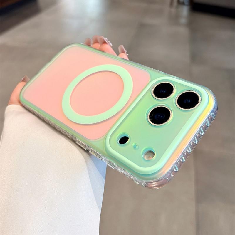 Luxury Laser Aurora Gradient For Magsafe Phone Case For iPhone 15 16 17 Pro Max Magnetic Wireless Charging Hard PC Bumper Cover