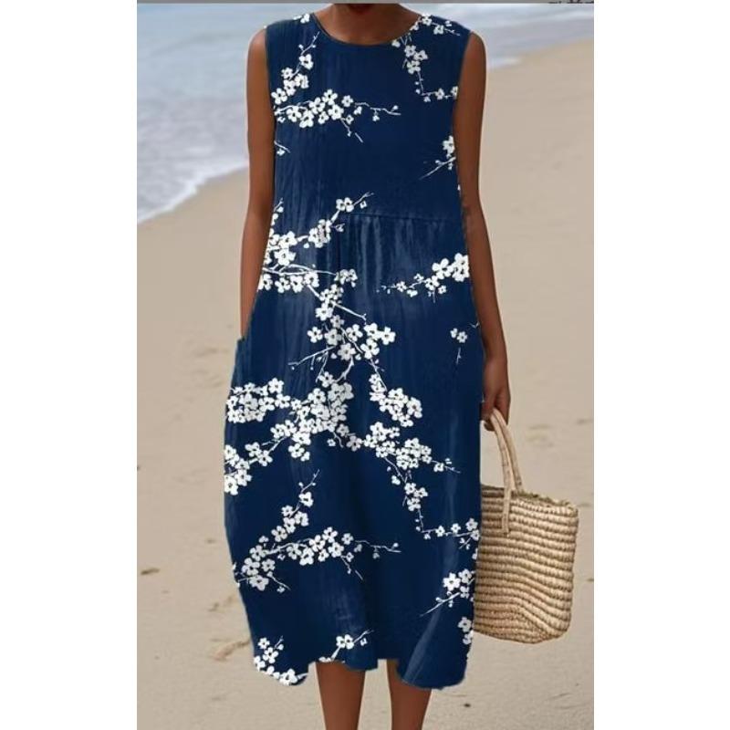 LYRIA 3D Print Roundneck Lightweight Dress Sleeveless Summer Beach Dress Casual Fashion A-Line Dress Women Elegant Floral Dresses