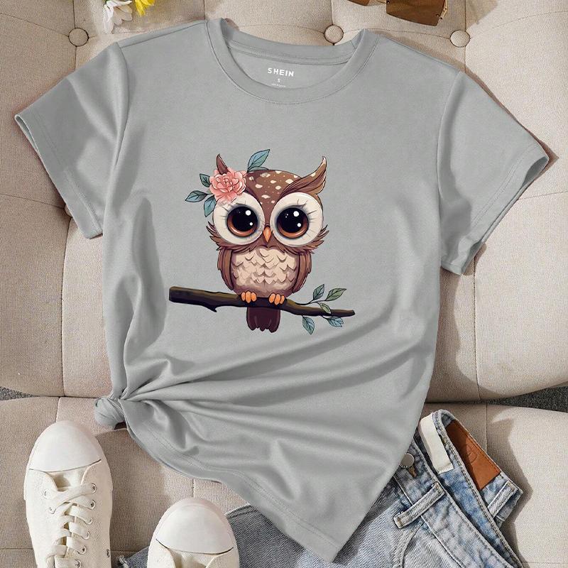 Модная женская футболка с принтом совы Q-версия, забавная повседневная футболка с круглым вырезом и короткими рукавами, летняя женская футболка