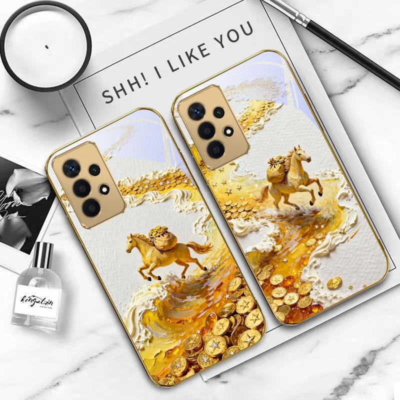Золотая скачущая лошадь Для Samsung A 01 52S A04 A05S A10 A12 A13 22 23 24 36 42 M02 Note 10 20Ultra 8 9 Золотой стеклянный чехол для телефона