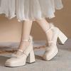 Autumn and Winter Velvet French Fairy One-word Buckle High Heels Women's Thick Heel Bridesmaid Shoes Medium Heel Fluffy Mary Jane Single Shoes