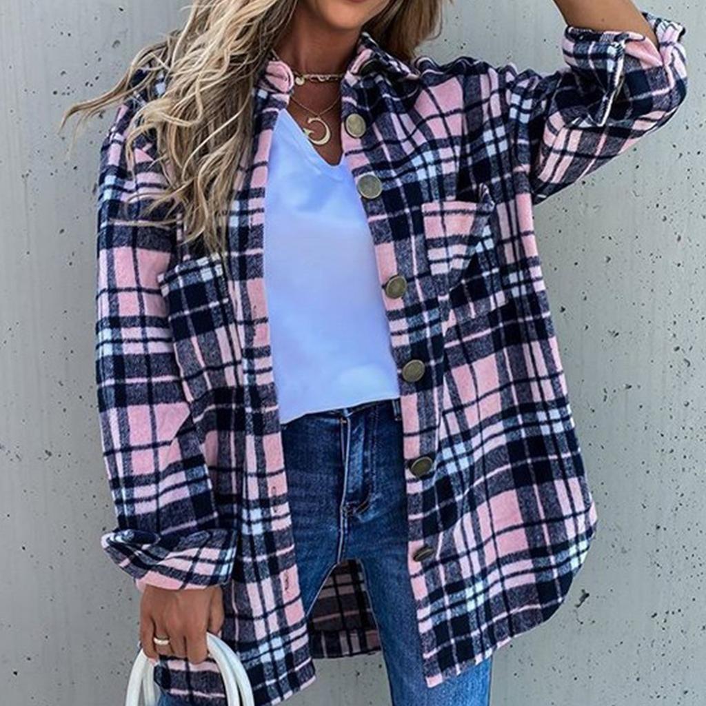 Женская мода, повседневная клетчатая куртка, рубашки с длинными рукавами и лацканами на пуговицах, пальто-рубашка