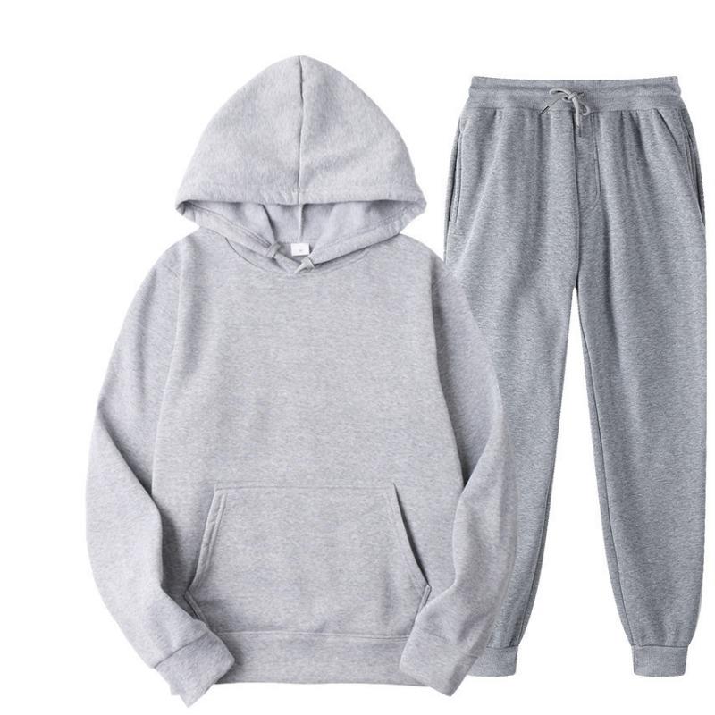 Autumn Winter Solid Color Sportswear 2-piece Hooded Sweatshirt Sweatpants with Plush Loose Casual Sweatshirt Set