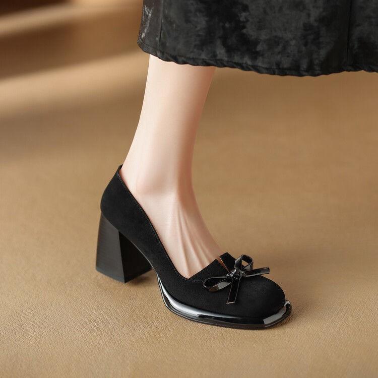 Новые туфли Мэри Джейн на высоком каблуке в стиле ретро, женские туфли из искусственной замши на толстом каблуке, дизайнерские туфли-мюли на платформе для женщин с бантом, модные офисные туфли для работы