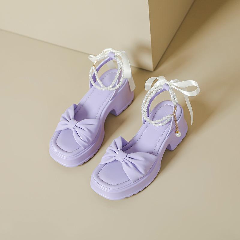 Platform sandals women's spring and summer new pearl word with bow fashion single shoes fairy style thick heel open-toed women's shoes