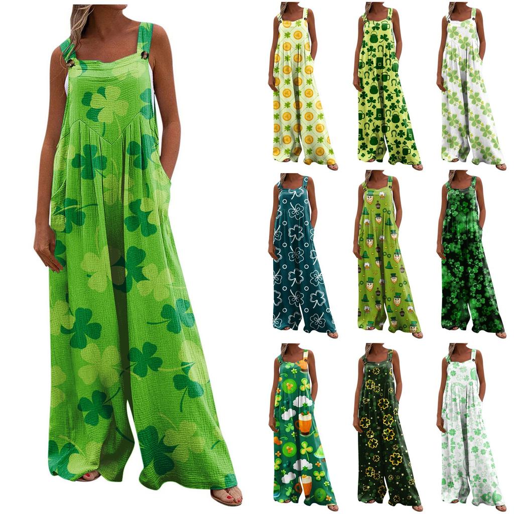 Широкие комбинезоны для женщин, повседневные свободные комбинезоны без рукавов St. Длинный комбинезон с карманами и принтом на пуговицах ко Дню Святого Патрика