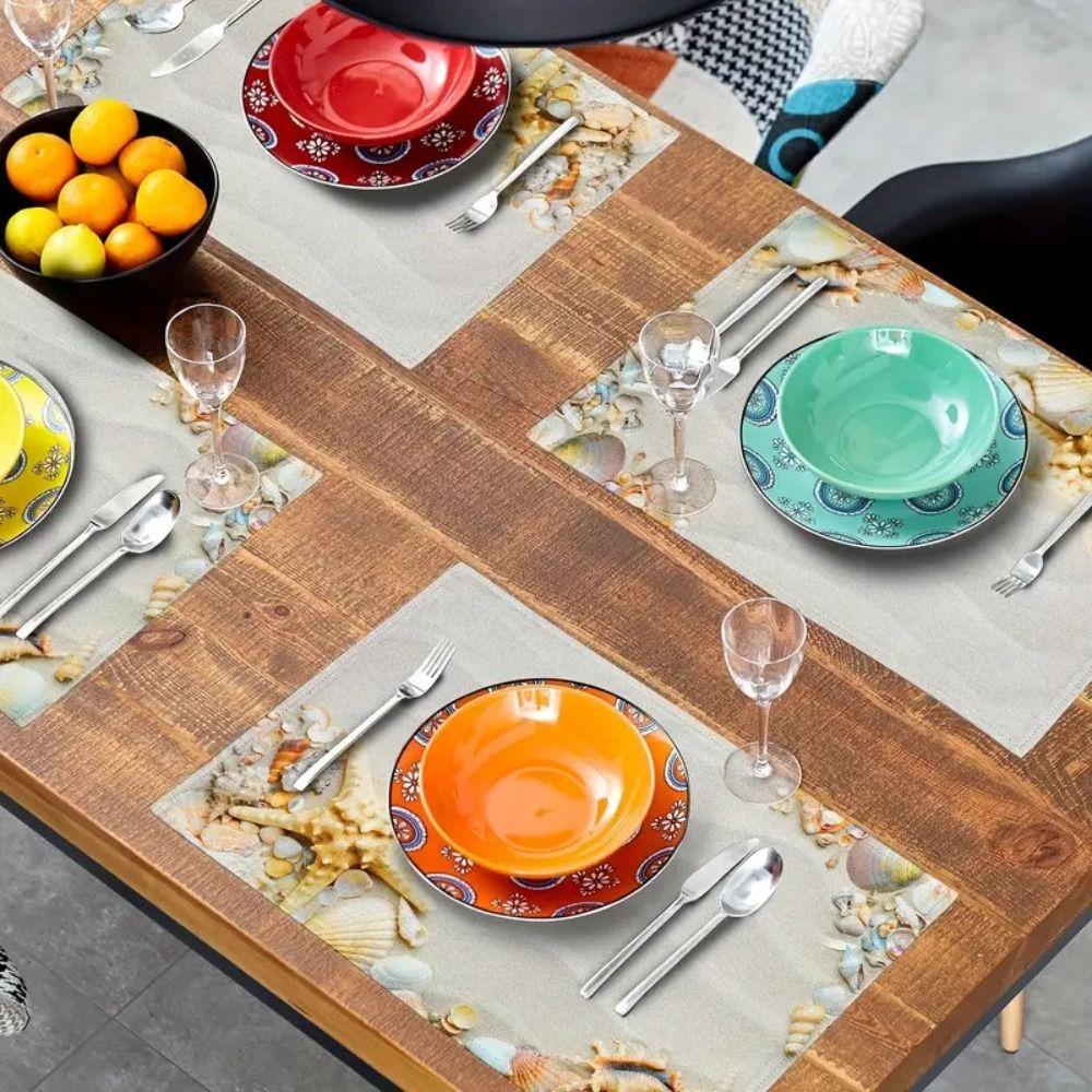 Seashells Linen Placemat Anti Slip Tableware Pad Summer Beach Placemat Table Decoration