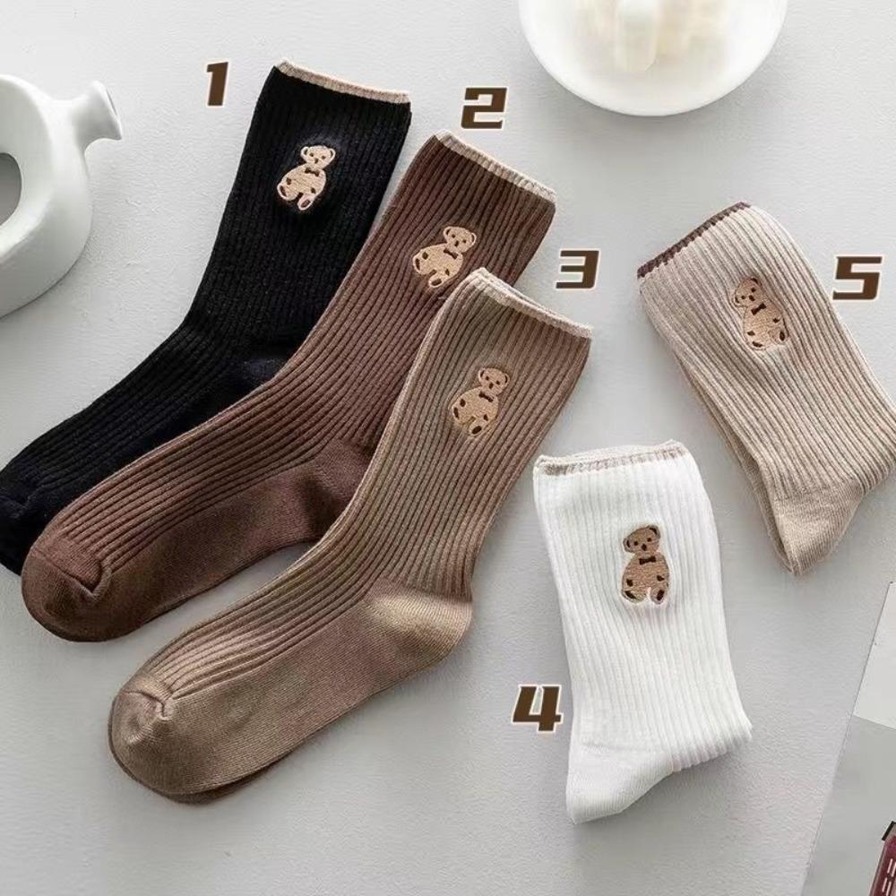 5 Pairs Bear Embroidery Snow Boot Socks Breathable Sports Socks Women Socks Autumn