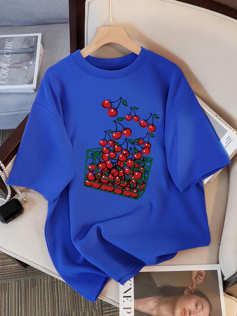 Женская футболка с принтом «Корзина вишен», дышащая, повседневная, летняя, с коротким рукавом, мягкая, свободная, уличная одежда