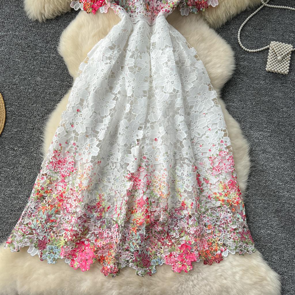 Элегантное длинное платье French Chic для женщин, вязаное крючком, ажурное кружевное, цветочное, женское платье с круглым вырезом, с коротким рукавом, Vestidos, дропшиппинг