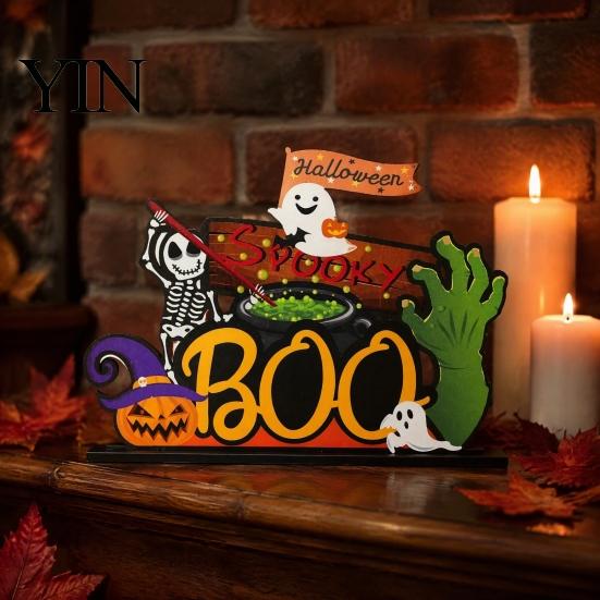 Wooden Pumpkin Ghost Decor Halloween Tabletop Signs, Gnome Wood Centerpiece Blocks, Spooky Durable Color Printing Party Tiered Tray Table Ornaments