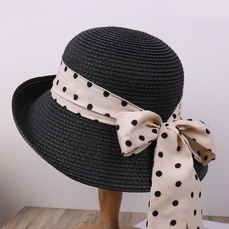 Polka Dot Ribbon Straw Hat Female Travel Beach Hat Summer Large Edge Sunscreen Sun Hat French Edge Sun Hat